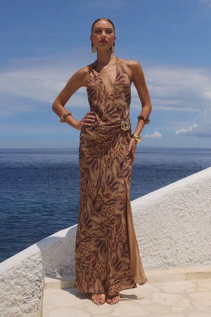 MABELLA HALTER MAXI DRESS MENDEZ BROWN