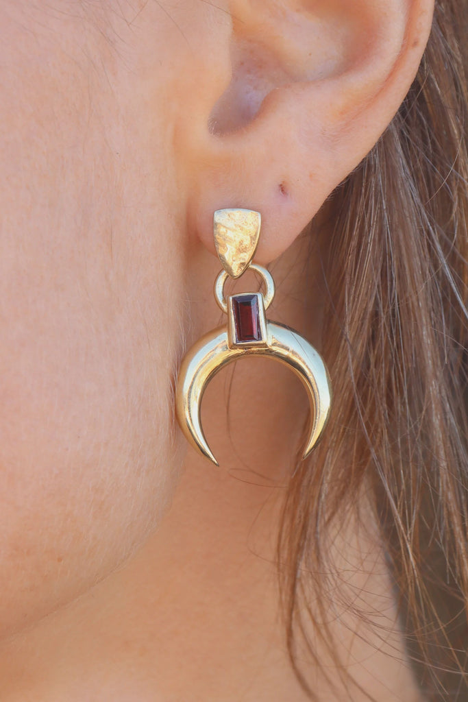 Lunar Crescent Garnet Gold Earrings - One Palm Studio