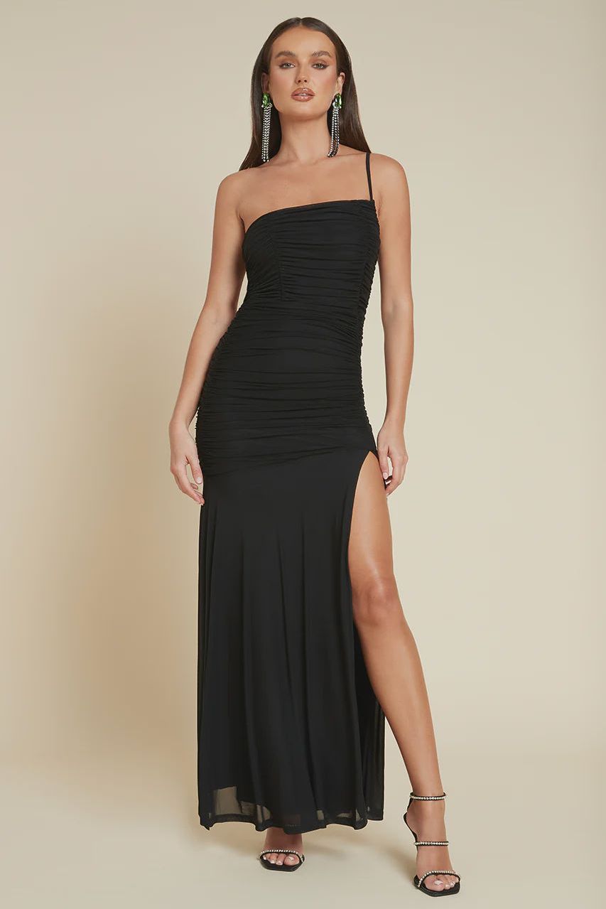 Ruched Cowl Neck Maxi Dress in Black